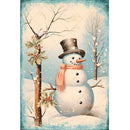 Rice paper featuring a snowy scene of a snowman in a top hat next to a holly tree as snow gently falls.