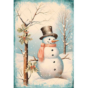 Rice paper featuring a snowy scene of a snowman in a top hat next to a holly tree as snow gently falls.