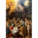 Rice paper featuring Mary, Joseph, and baby Jesus surrounded by angels and villagers. 