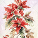 Close-up of a rice paper featuring vibrant red poinsettias paired with festive holly berries.