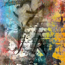 Close-up of a rice paper featuring  a lively brick wall design bursting with bright paint splashes.