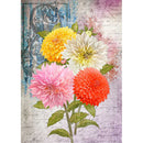 Rice paper featuring pink, red, yellow, and white dahlias against a vintage document.