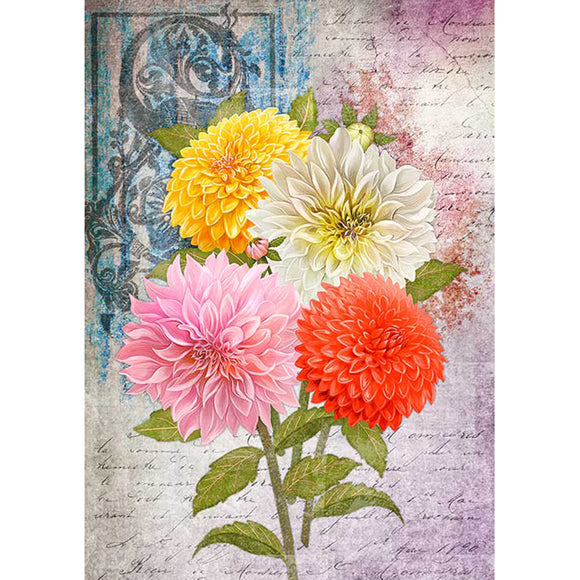 Rice paper featuring pink, red, yellow, and white dahlias against a vintage document.
