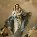 Close-up of a rice paper featuring Mother Mary hovering amongst creamy clouds, surrounded by angels and a dove.