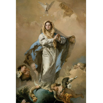 Rice paper featuring Mother Mary hovering amongst creamy clouds, surrounded by angels and a dove.