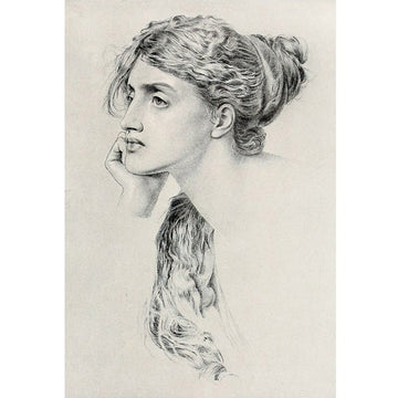 Rice paper featuring a stunning black and white portrait sketch of a woman with long hair resting her head on her hand.