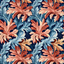 Close-up of a rice paper featuring a repeating coral and blue flourishing leaf pattern.