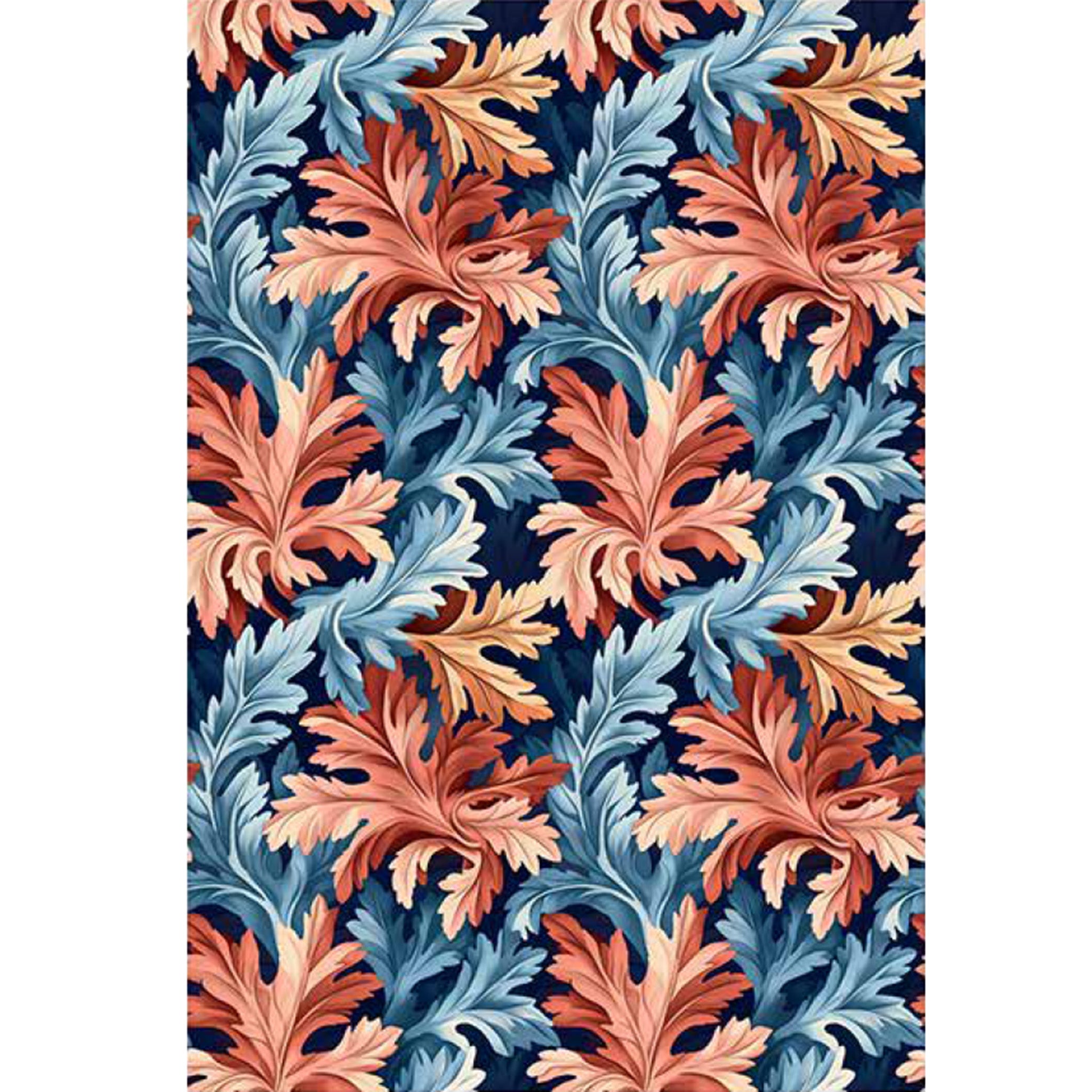 Rice paper featuring a repeating coral and blue flourishing leaf pattern. White borders are on the sides.