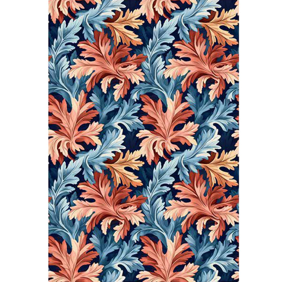 Rice paper featuring a repeating coral and blue flourishing leaf pattern. White borders are on the sides.
