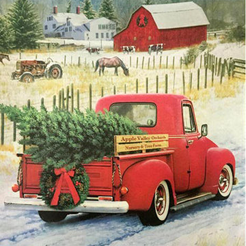 Close-up of a rice paper featuring a vintage red truck carrying a Christmas tree down a country farm road with a red barn and snowy mountains in the background.