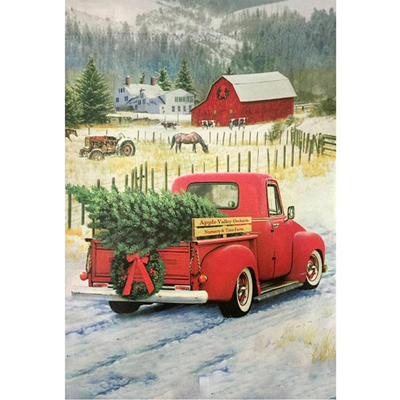 Rice paper featuring a vintage red truck carrying a Christmas tree down a country farm road with a red barn and snowy mountains in the background.