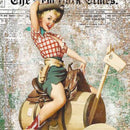 Close-up of a rice paper design featuring  a fun pinup cowgirl riding a wooden barrel horse against a vintage page of The New York Times.