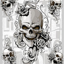 Close-up of a rice paper featuring a grey scale design of skulls and roses against scrolling flourishes with a touch of block text as the backdrop. 