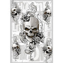 Rice paper featuring a grey scale design of skulls and roses against scrolling flourishes with a touch of block text as the backdrop. 