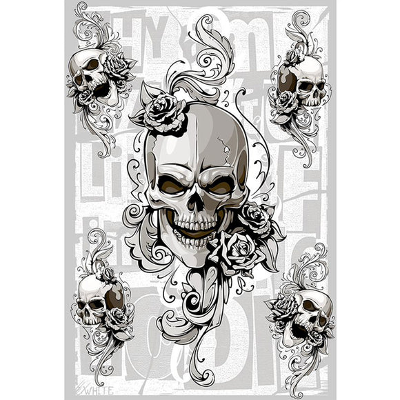 Rice paper featuring a grey scale design of skulls and roses against scrolling flourishes with a touch of block text as the backdrop. 