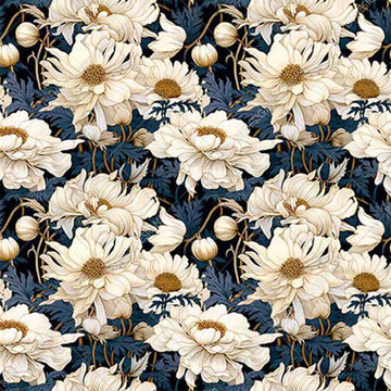 Close-up of a rice paper featuring a cream peony flower pattern on a navy blue background.