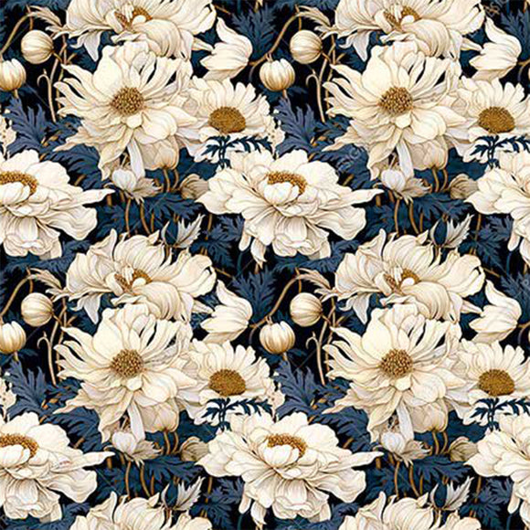 Close-up of a rice paper featuring a cream peony flower pattern on a navy blue background.