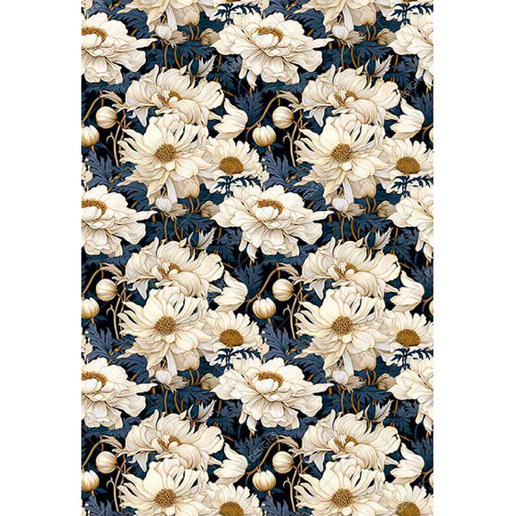 Rice paper featuring a cream peony flower pattern on a navy blue background.