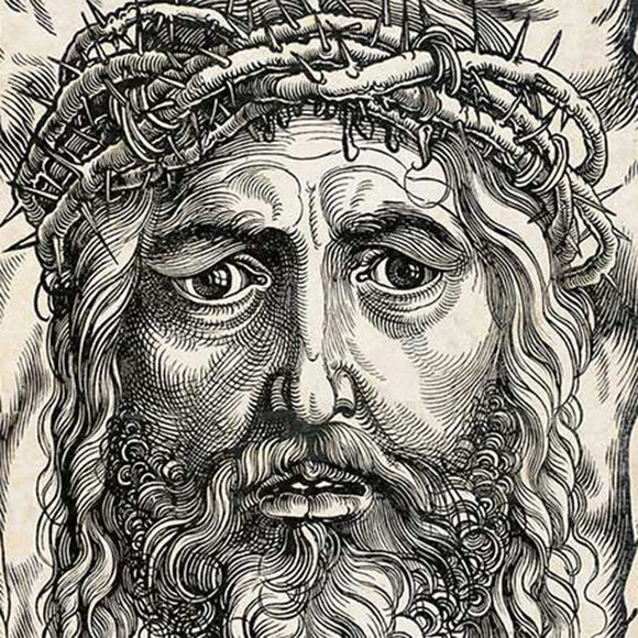Close-up of a rice paper featuring a drawing of an emotional portrait sketch of Jesus crowned with thorns.