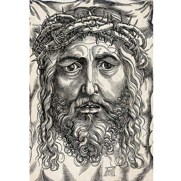 Rice paper featuring a drawing of an emotional portrait sketch of Jesus crowned with thorns.