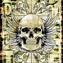 Close-up of a rice paper featuring a striking skull with wings design against a grunge newsprint background with block letter words.