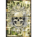 Rice paper featuring a striking skull with wings design against a grunge newsprint background with block letter words.