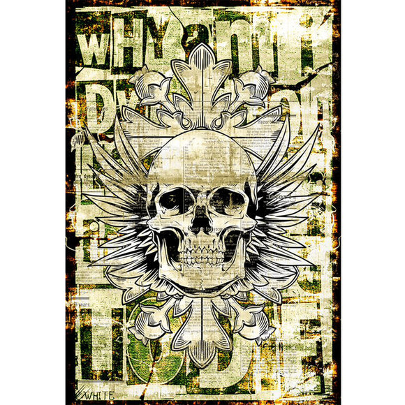 Rice paper featuring a striking skull with wings design against a grunge newsprint background with block letter words.