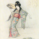 Close-up of a rice paper featuring a joyful geisha waving her fan against a soft cream backdrop with Japanese writing in the top right corner and a Japanese stamp in the bottom left corner.