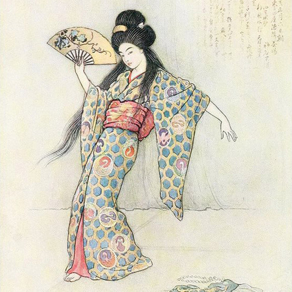 Close-up of a rice paper featuring a joyful geisha waving her fan against a soft cream backdrop with Japanese writing in the top right corner and a Japanese stamp in the bottom left corner.