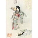 Rice paper featuring a joyful geisha waving her fan against a soft cream backdrop with Japanese writing in the top right corner and a Japanese stamp in the bottom left corner.