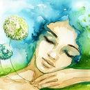 Close-up of a rice paper featuring a beautiful blue and green watercolor image of a serene woman holding dandelions.