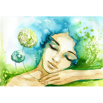 Rice paper featuring a beautiful blue and green watercolor image of a serene woman holding dandelions.