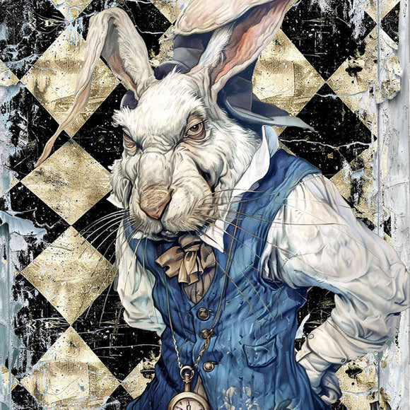 Close-up of a rice paper featuring an angry old white rabbit in a suit against a distressed harlequin diamond print wall.