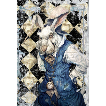 Rice paper featuring an angry old white rabbit in a suit against a distressed harlequin diamond print wall.