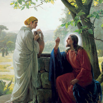 Close-up of a rice paper featuring a woman at a well meeting a kneeling Jesus.