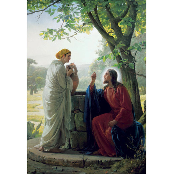 Rice paper featuring a woman at a well meeting a kneeling Jesus.