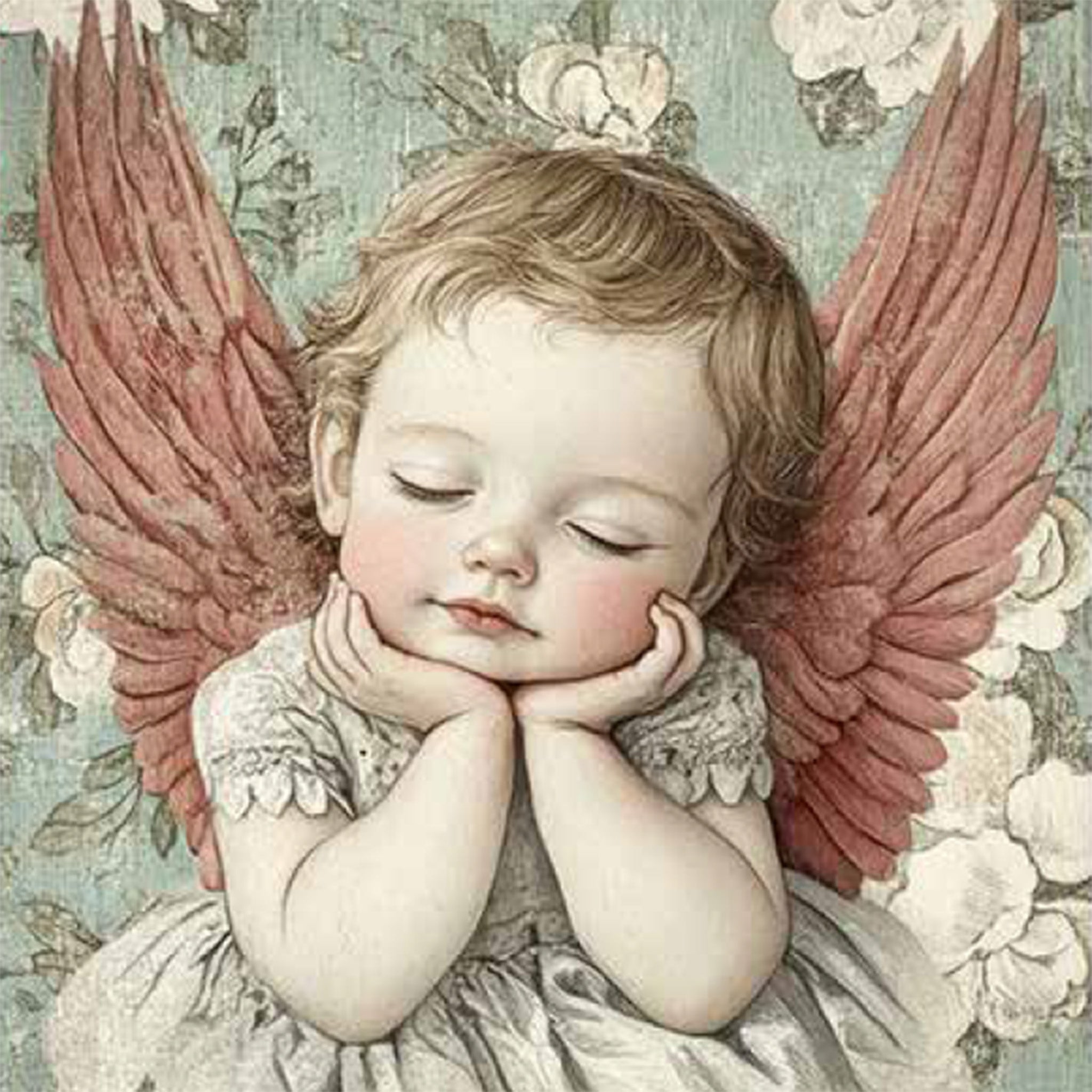 Close-up of a rice paper design featuring a cute baby angel with pink wings resting her head on her hands and sleeping against a vintage floral background.