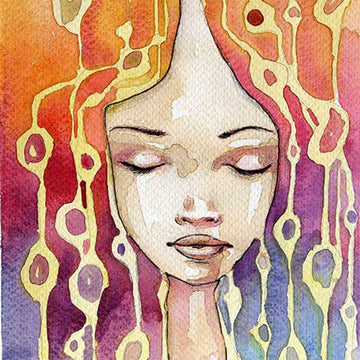 Close-up of a rice paper design featuring a watercolor painting of a stunning woman with closed eyes and vibrant locks.