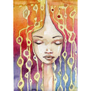 Rice paper design featuring a watercolor painting of a stunning woman with closed eyes and vibrant locks. White borders are on the sides.