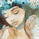 Close-up of a rice paper watercolor design that features a daydreaming woman with a figure on each shoulder.