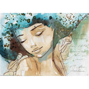 Rice paper watercolor design that features a daydreaming woman with a figure on each shoulder. White borders are on the top and bottom.