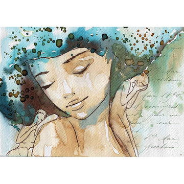 Rice paper watercolor design that features a daydreaming woman with a figure on each shoulder. White borders are on the top and bottom.