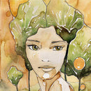Close-up of a rice paper featuring a watercolor portrait design of a fairy in earthy tones