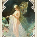Close-up of a rice paper featuring a tarot style card of a sunlit naked fairy draped with tulle with brown wings.