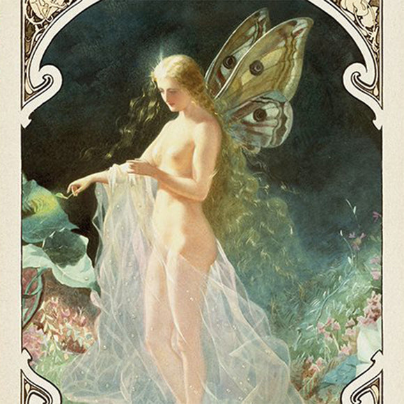 Close-up of a rice paper featuring a tarot style card of a sunlit naked fairy draped with tulle with brown wings.