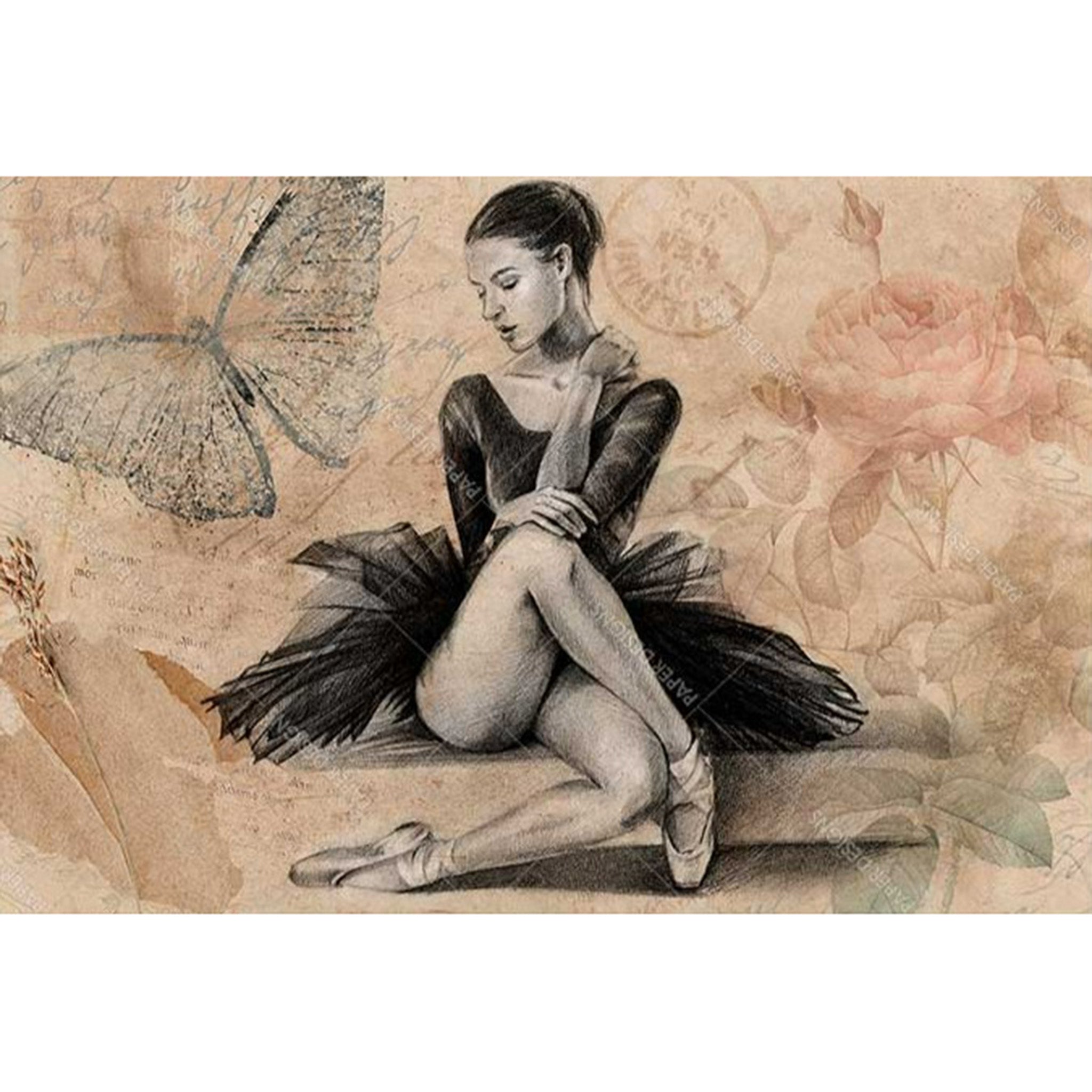 Rice paper design featuring a sketch of a graceful ballerina against a vintage postcard with flowers and butterflies. White borders are on the top and bottom.