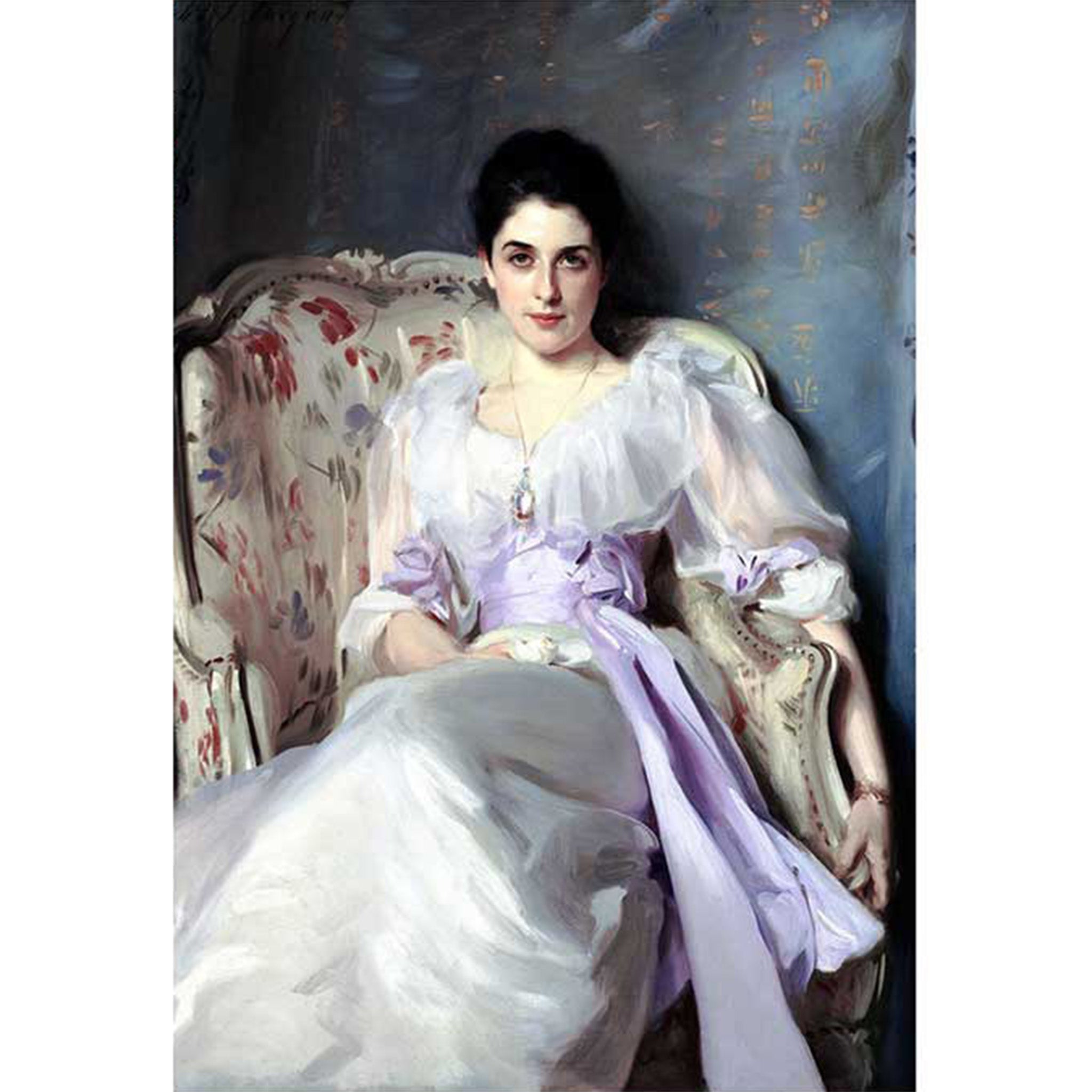 Rice paper design that features a stunning Victorian lady in a silvery white dress with a lavender sash, sitting in a charming floral print chair. White borders are on the sides.