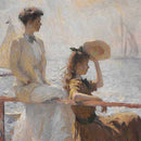 Close-up of a rice paper design featuring a painting of a charming design of Edwardian women enjoying the passing sailboats.