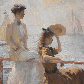 Close-up of a rice paper design featuring a painting of a charming design of Edwardian women enjoying the passing sailboats.