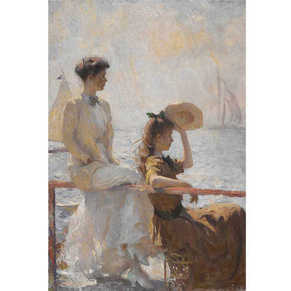 Rice paper design featuring a painting of a charming design of Edwardian women enjoying the passing sailboats. White borders are on the sides.